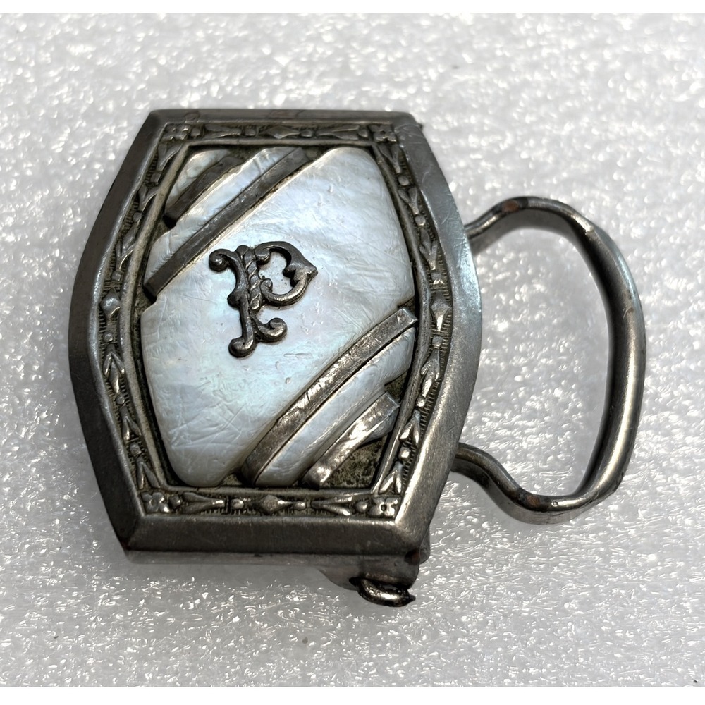 Antique Mother of Pearl Monogrammed "P" Belt Buckle – Art Deco Nickel Silver